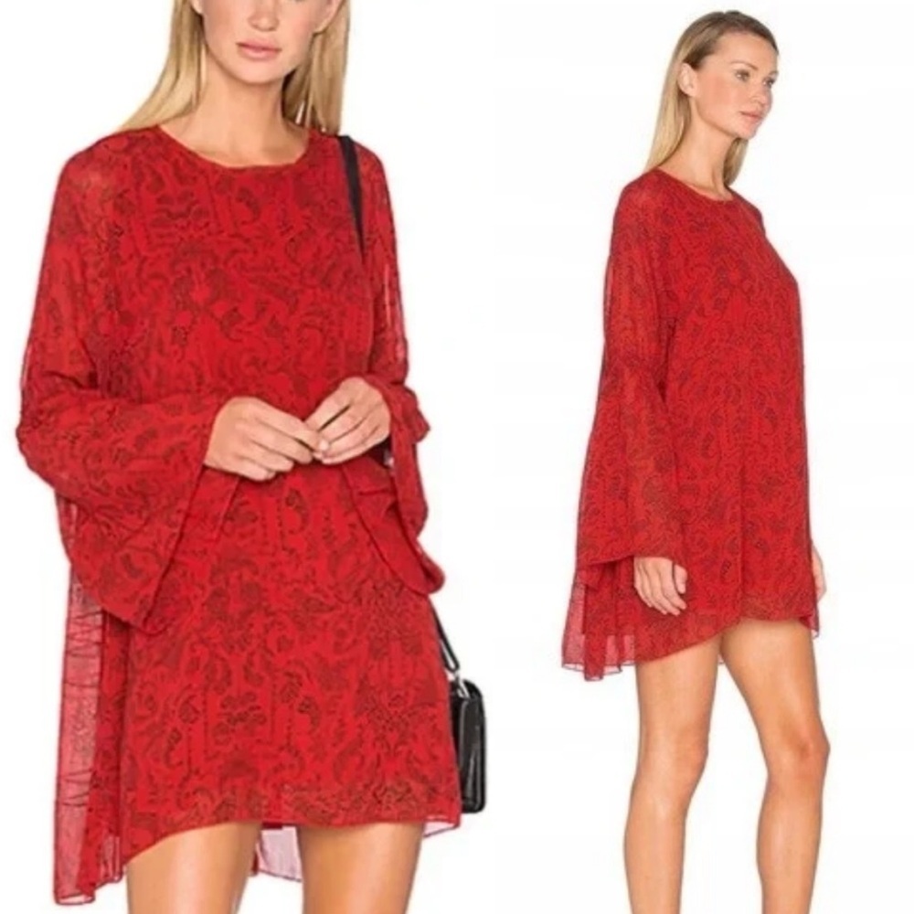 IRO Appoline Paisley Oversized Bell Sleeve Mini Tunic Dress In Red Size 34 XS